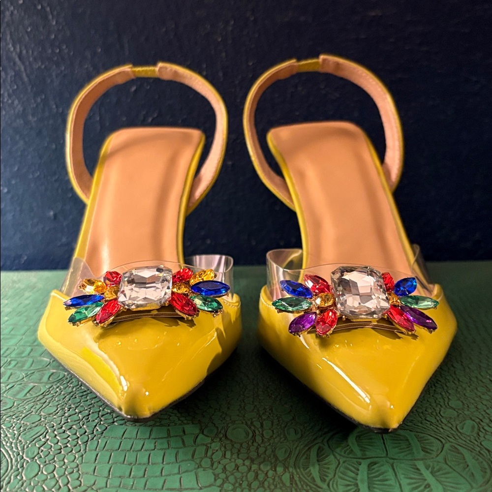Acid green slingback pointed-toe pumps with jewels and 80mm stiletto heel